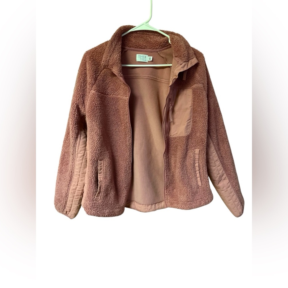 Time & Tru Mauve Pink Sherpa Fleece Jacket Mixed Media Small 4/6 EUC